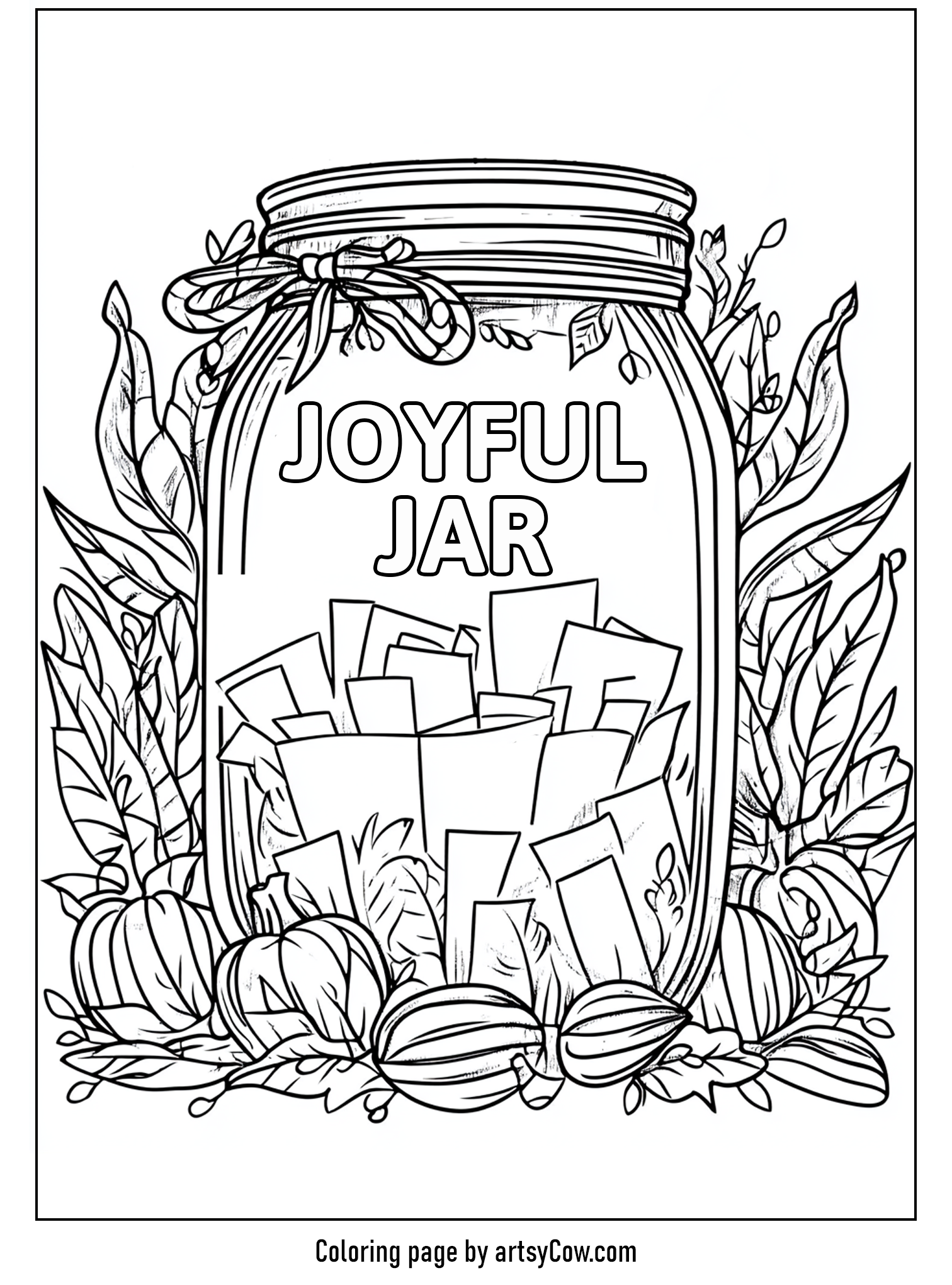 thanksgiving coloring pages for adults featuring a jar labeled 'Joyful Jar' surrounded by leaves and pumpkins, with notes inside the jar.